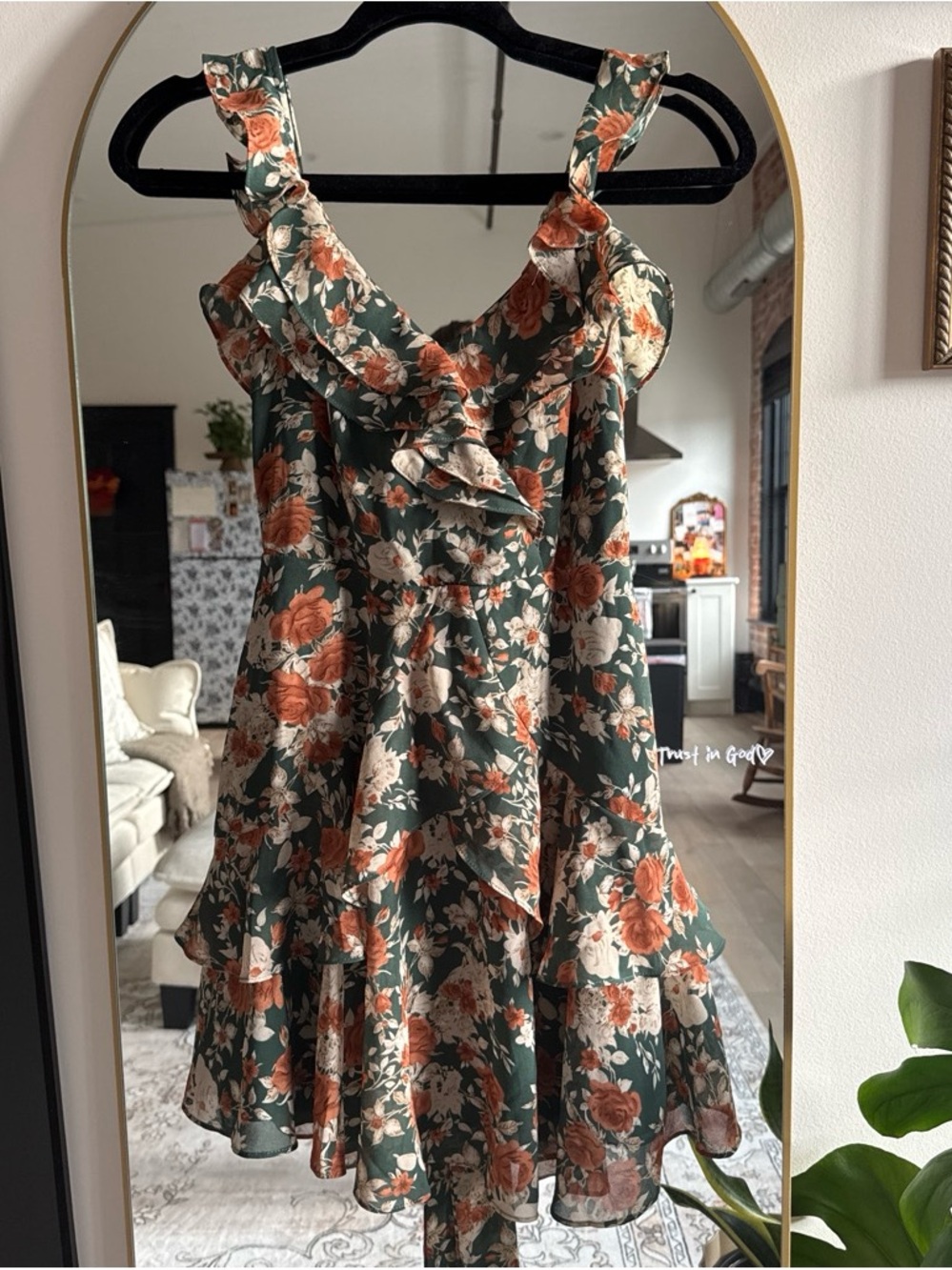 Windsor Green Floral Ruffle High-Low Sundress with Rust and Cream Blooms